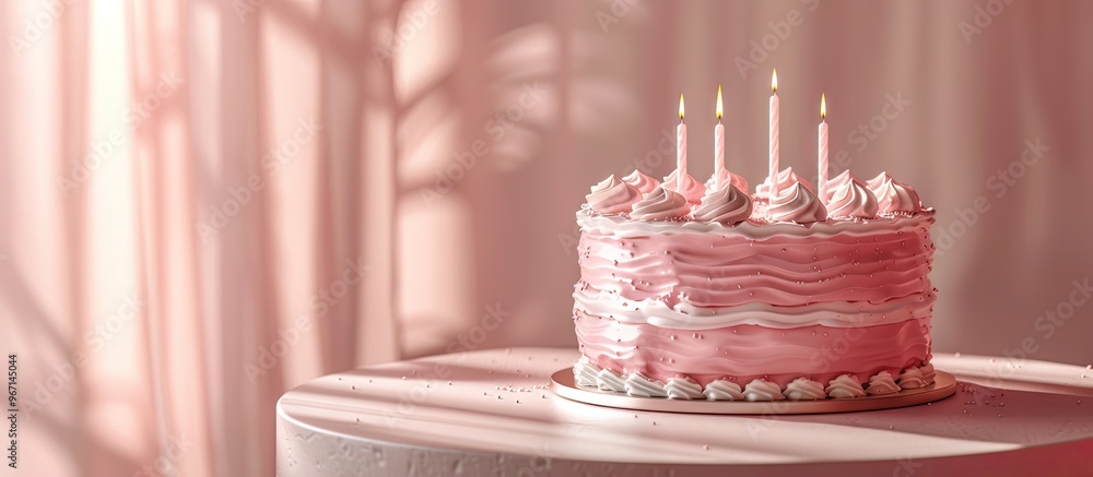 Poster a pink birthday cake is displayed on the table with copy space image