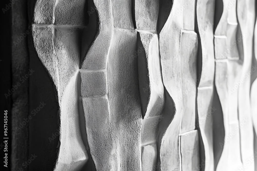 Aufkleber a black and white image showcasing an abstract wall with textured patterns, where light and shadow i