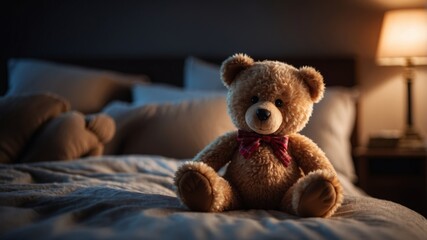 An teddy bear is sitting on a bed in a dimly lit room.
