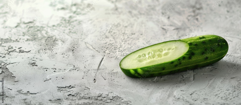 Poster Horizontal isolated slice of cucumber Cucumis Sativus on a white cement background with ample copy space image