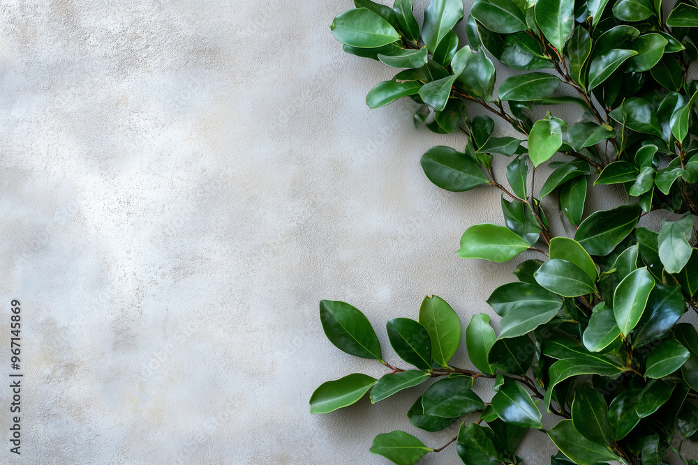 Poster Green leaves creating a frame on a textured background mirtle