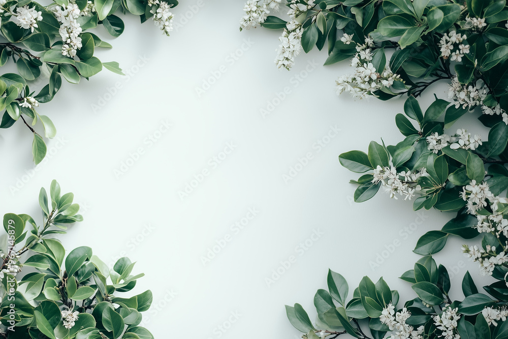 Poster branches with white flowers creating a frame on white background mirtle