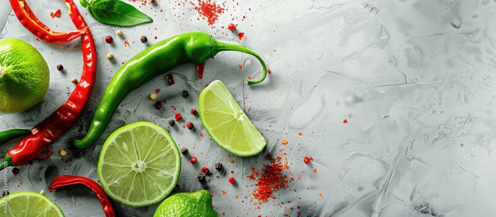 Poster Chili pasted with lime slices on a copy space image
