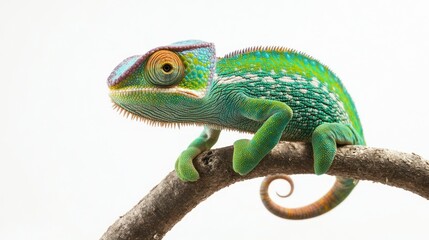 Obraz premium A vibrant green chameleon perched on a branch with a curled tail