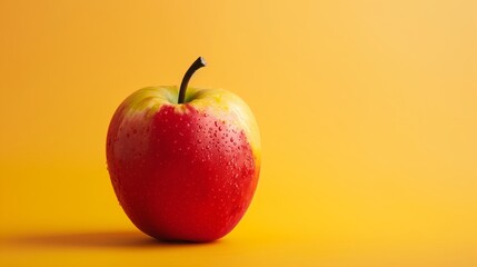 Fresh Red Apple with Water Droplets on Yellow Background, Perfect for Healthy Eating and Nutrition Concepts
