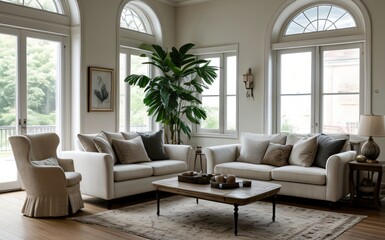 Modern luxury living room with elegant decor and minimalistic design..
