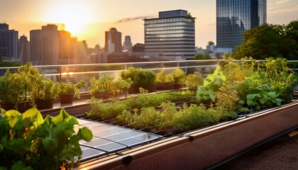 Fototapeta premium Solar Panels on a Rooftop Garden at Sunset