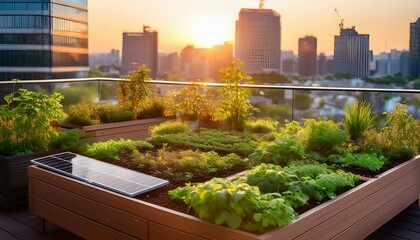 Fototapeta premium Solar Panels on a Rooftop Garden at Sunset