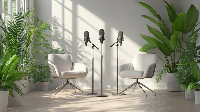 Bright, airy podcast studio with wicker chairs, wireless microphones, and a large open window with greenery outside