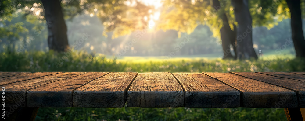 Poster rustic wooden table in golden hour forest: empty table background for products