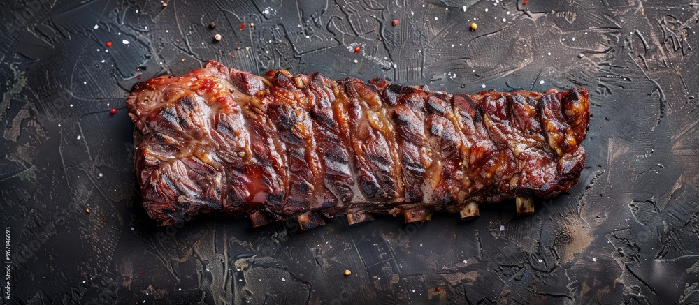 Poster grilled skirt steak prepared at home presented from a top view on a dark background with ample copy 