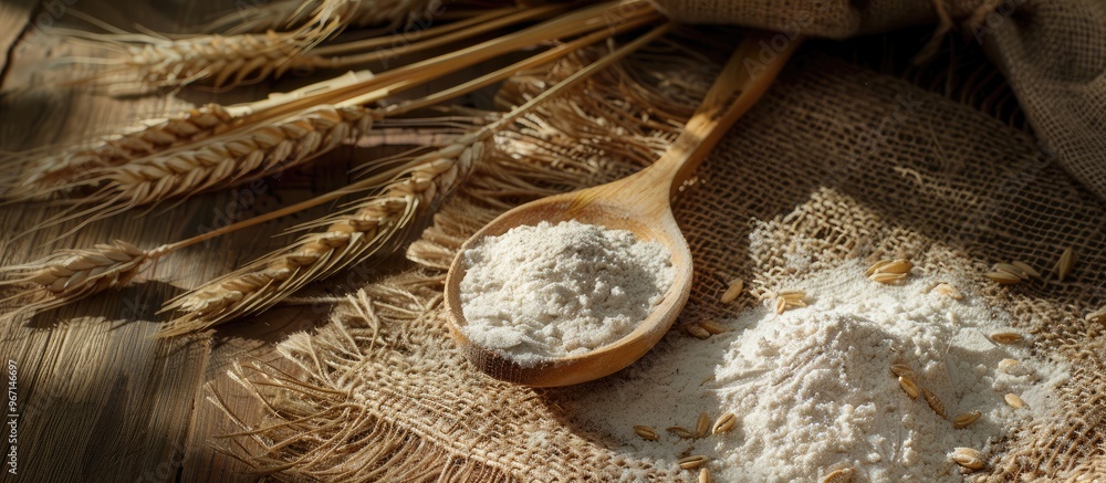 Poster A wooden spoon filled with flour on a burlap sack surrounded by wheat ears on a wooden table casting shadows in the background with copy space image
