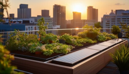 Fototapeta premium Solar Panels on a Rooftop Garden at Sunset