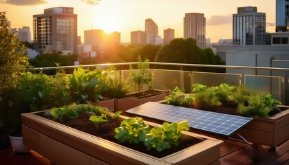 Fototapeta premium Solar Panels on a Rooftop Garden at Sunset