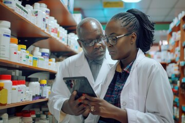 Obraz premium A couple browsing through medications in a pharmacy store