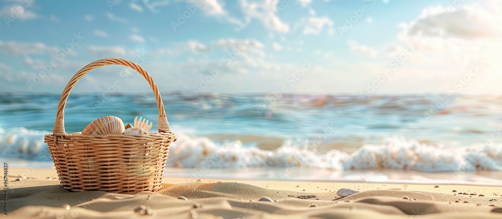 Aufkleber sandy beach backdrop with a vacant summer picnic basket ideal for displaying items signaling a summe