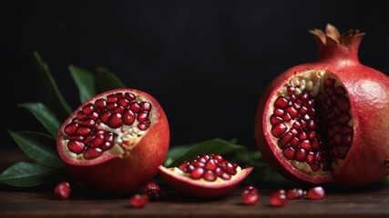 healthy pomegranate fruit with leaves and half of ripe pomegranate on a cutting board side view dark vintage background.