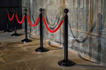 Row of red rope barriers standing next to a cement wall, often used in construction or event spaces