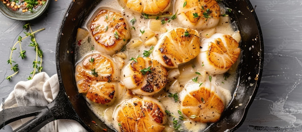 Aufkleber Scallops cooked with garlic thyme and butter in a cast iron skillet with a gray background viewed from the top features ample copy space image
