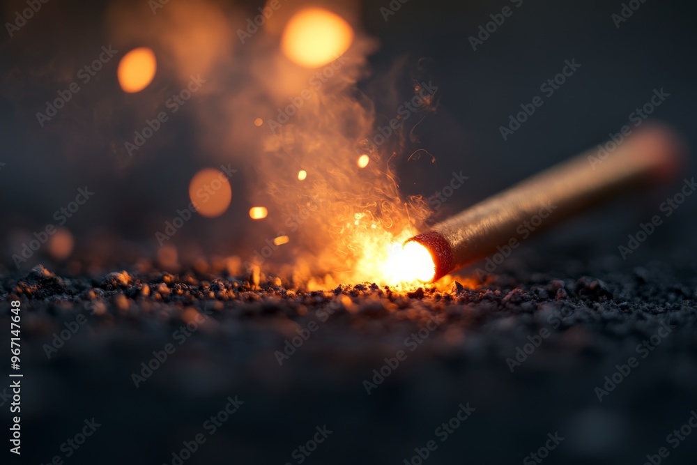 Poster a close-up photo of a lit firework on the ground with sparks flying in all directions, capturing the