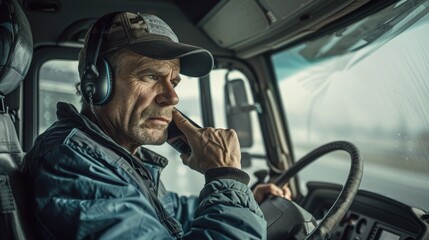 A person sitting in the driver's seat of a pickup truck, using a cell phone