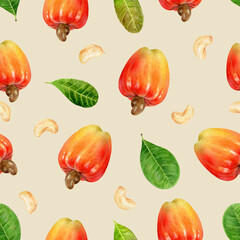 Seamless Watercolor Cashew Fruit and Nut Pattern on Kraft Background