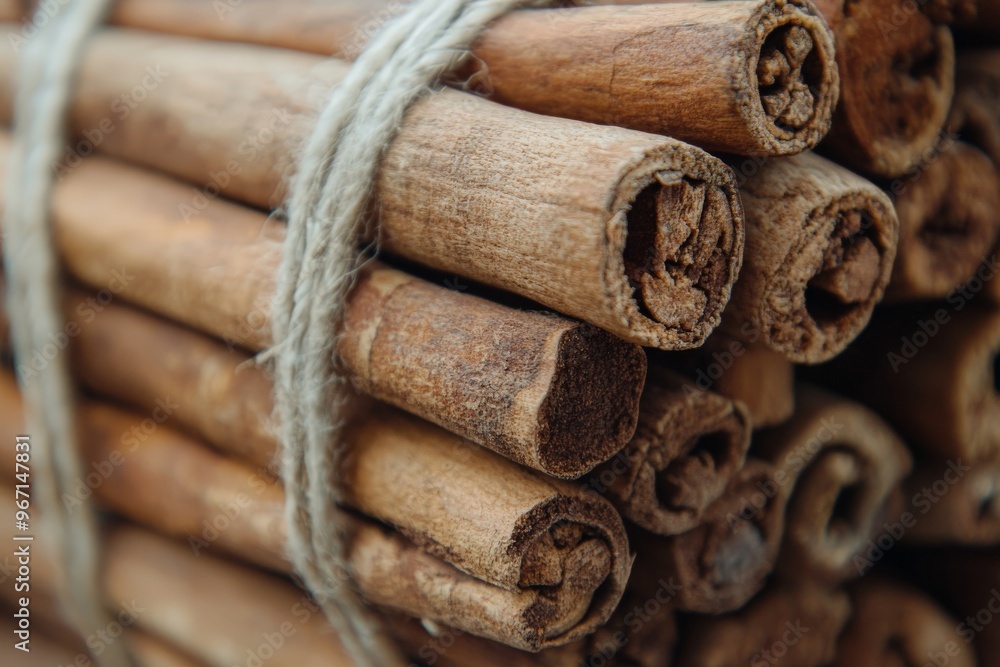Poster a detailed close-up view of a bundle of cinnamon sticks tied together with a piece of rustic jute tw