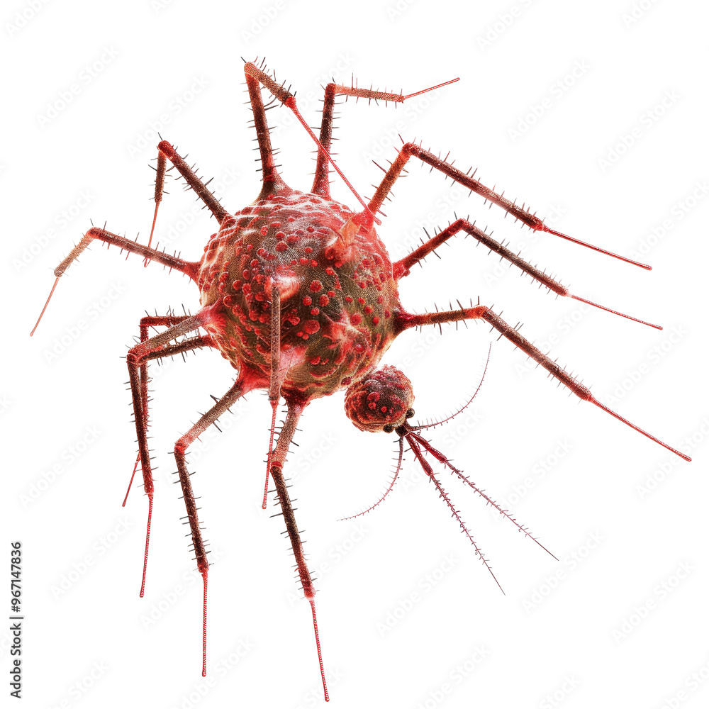 Poster a detailed view of a red and spiky virus-like organism under a microscope showcasing its intricate s