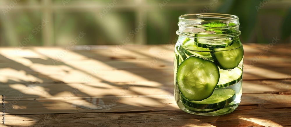Poster A jar of water with sliced cucumber placed on a wooden table under sunlight with preserved jars and ample copy space for food drink or product images