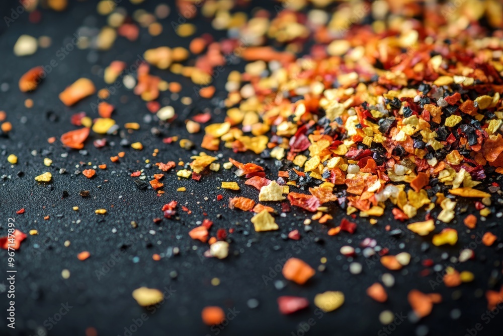 Poster A close-up of crushed chili peppers in varying vibrant colors scattered across a dark black surface, emphasizing the texture and visual appeal of the spices.
