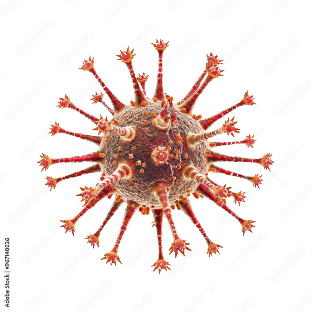Poster detailed depiction of a virus model showcasing spikes and surface features representing infectious a