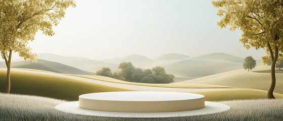 A serene landscape featuring a stage surrounded by rolling hills and golden trees, ideal for presentations or artistic displays.