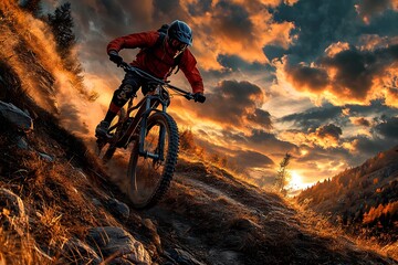 Naklejka premium Mountainbiker in action auf steilem Abhang bei Sonnenuntergang