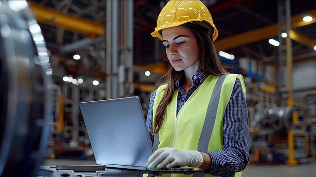 Female engineer using laptop computer for safety control checks or manufacturing maintenance work in factory building or construction site. woman engineer inspector working in industry product line