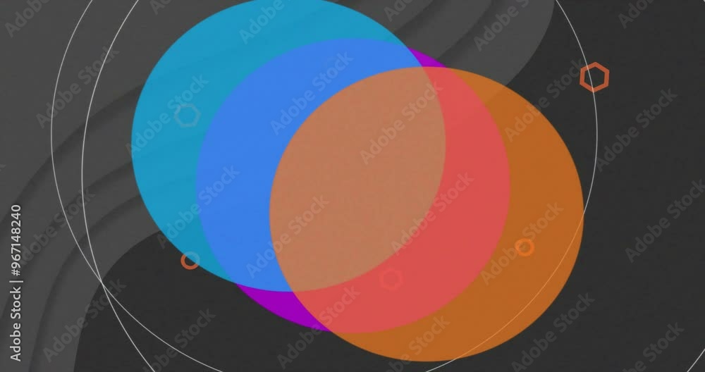 Poster animation of vibrant circles and lines moving on black background