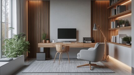 Fototapeta premium Czyste, minimalistyczne studio podcastów zaprojektowane w skandynawskim stylu. Drewniane statywy mikrofonowe, eleganckie krzesła i delikatne tło w odcieniach bieli i szarości, idealne do profesjonalnych nagrań.