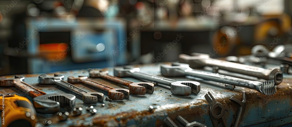 Poster An assortment of grungy rusted wrenches dirty screwdrivers and heavy screws part of an industrial hardware set with a blurred background of a mechanic s repair shop featuring a copy space image