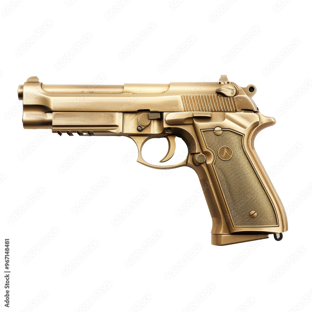 Poster detailed view of a gold-colored handgun placed against a transparent background showing intricate de