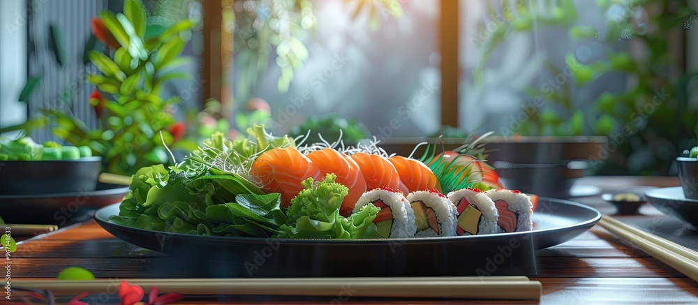 Poster a plate of sushi accompanied by fresh vegetables and a side salad adds color and variety to the tabl