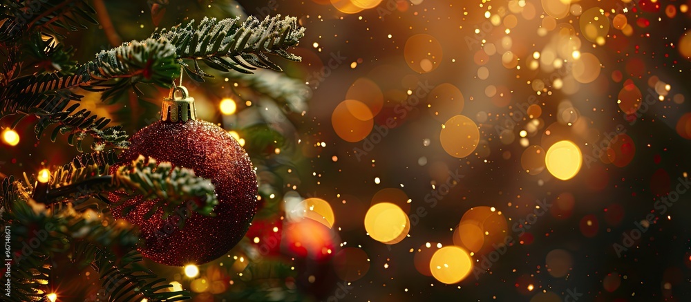Poster christmas themed close up decoration with ball and light bulb bokeh on a festive tree at night perfe