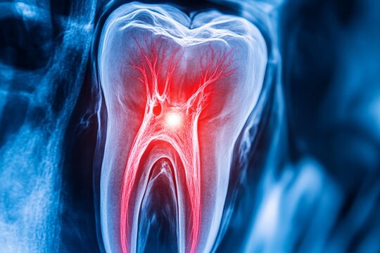 A striking close-up X-ray image of a tooth featuring a vibrant red inner glow, emphasizing the detailed structure of the dental pulp and nerve system in dramatic visual form.