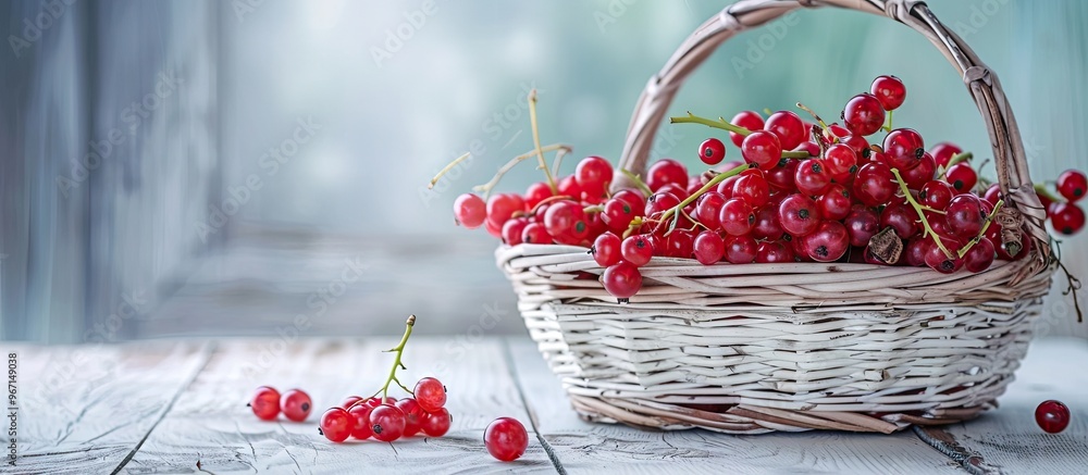 Fototapete close up view of red currant berries in a basket on a white wooden table with space for text or imag