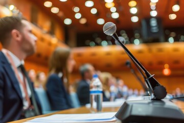 A single microphone resting on a wooden table surface