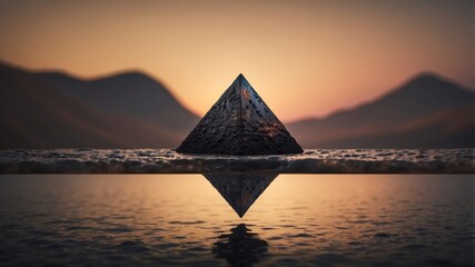 A black pyramid shaped object floating on top of a body of magma.