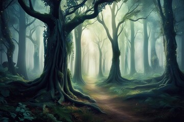 Enchanting Forest Wallpaper with Magical Trees and Dreamy Foliage Background