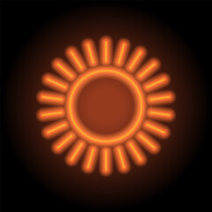 Sun simple icon, vector. Flat design. Orange neon on black background