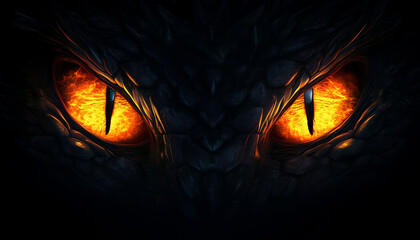 Pair of dragon eyes glowing in a darkness