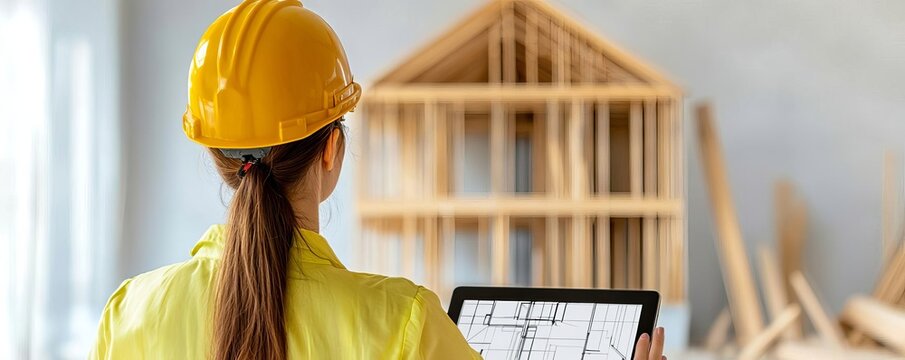 Architectural Sketch on Digital Tablet, female architect, modern design elements, partially completed building, technological integration, innovative ideas, construction site