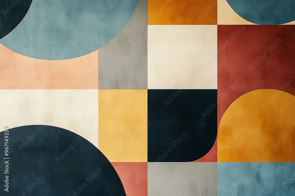 Leinwandbilder This art piece features a combination of block shapes and curves with a mix of earthy tones and vibrant hues, creating a balanced yet dynamic composition.
