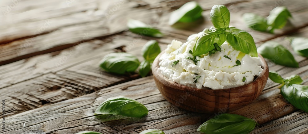 Poster wooden table with fresh ricotta and basil close up view for copy space image